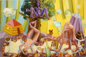 Judith Linhares, Picnic Rock, 2008. Oil on linen, 60 x 89 inches. Courtesy of Edward Thorpe Gallery.