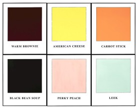 John Baldessari, Prima Facie (Fifth State): Warm Brownie/American Cheese/Carrot Stick/Black Bean Soup/Perky Peach/Leek, 2006. Pigment prints on canvas with latex paint, 92 inches x 9-1/2 feet, overall. Glenstone © John Baldessari