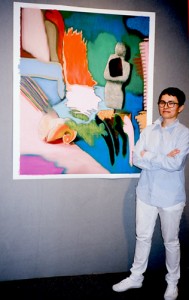 Kim Bourus of Higher Pictures with work of Sam Falls. Photo by Robin Siegel