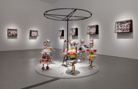 Marcel Dzama, Turning into Puppets [Volviendose Marionetas], 2011. Steel, wood, aluminum, and motor, 65 x 78 inches. Courtesy of David Zwirner Gallery