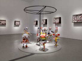 Marcel Dzama, Turning into Puppets [Volviendose Marionetas], 2011. Steel, wood, aluminum, and motor, 65 x 78 inches. Courtesy of David Zwirner Gallery