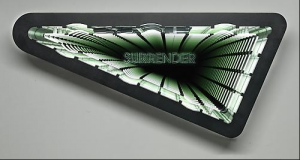 Ivan Navarro Surrender (Flatiron), 2011. Neon, mirror, one way mirror, wood, paint and electric energy. 23 x 46 x 6 Inches, Courtesy Paul Kasmin Gallery