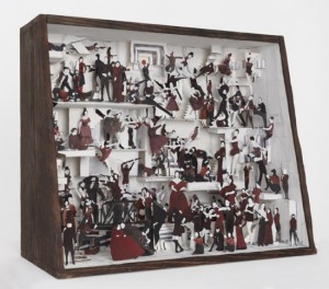 Marcel Dzama, Rebellion lay in her way, 2011. Diorama: wood, glass, cardboard, paper collage, watercolor, and ink, 21-1/2 x 25-1/4 x 12 inches. Courtesy of David Zwirner Gallery