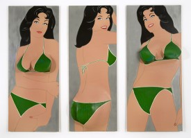 Marjorie Strider, Green Triptych, 1963. Acrylic paint, laminated pine on Masonite panels, 77-1/2 x 94-3/4 x 8 inches. Courtesy of Hollis Taggart Galleries