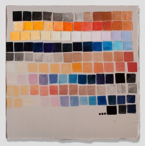 Rochelle Feinstein, 24/7 v.2.5, 2010. Gouache, paper, thread on drop cloth, 70-1/2 x 70-1/2 inches. Courtesy of On Stellar Rays