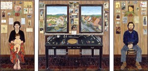 Simon Dinnerstein, The Fulbright Triptych, 1971-74. Oil on wood panels, 14 feet wide, framed and separated. Palmer Museum of Art, Pennsylvania State University.
