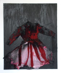 A 2011 graduate of the Pratt Institute: Jessica Soininen-Eddis, Ditch, 2010. Oil, velvet dress and lace tutu on canvas, 60 x 60 inches. Courtesy of the Artist