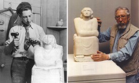 Nathaniel Kaz carving Mother Earth, 1935, a marble now in the collection of the Metropolitan Museum of Art; right, Katz in 1988 with the same work in the Met's display, The Human Figure in Transition, 2900-1945. Photographs Courtesy of the Artist