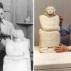 Nathaniel Kaz carving Mother Earth, 1935, a marble now in the collection of the Metropolitan Museum of Art; right, Katz in 1988 with the same work in the Met's display, The Human Figure in Transition, 2900-1945. Photographs Courtesy of the Artist