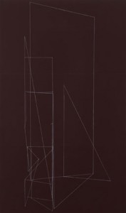 Kate Shepherd, Dark Red Propped Plane, with Debris, 2010. ?Oil and enamel on wood panels, ?78 x 48 inches. Courtesy of Galerie Lelong, New York