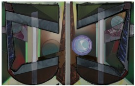 Britton Tolliver, Echo Helmet, 2011. Acrylic on diptych panel, 12 x 18 inches Courtesy Golden Gallery, Chicago, IL