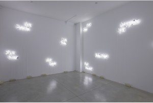 Joseph Kosuth, Ulysses, 18 Titles and Hours, 1998. Neon, transformers, installed in the exhibition under review