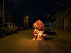 Kant Smith’s rear-illuminated painting, A Small Explosion, lit the night last October in Greenpoint, Brooklyn with Nuit Blanche New York. He will be exhibiting on Jersey Street during the festival.