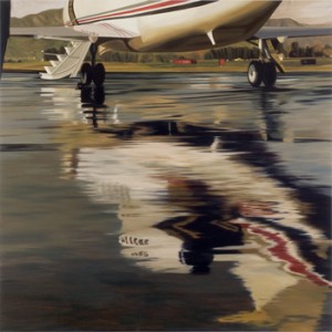 Julia Jecquette, Tarmac with Jet, 2008. Oil on linen, 48 x 48 Inches, Courtesy Anna Kustera