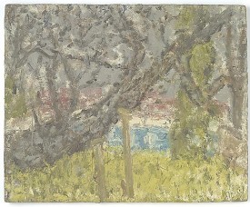 Leon Kossoff, Cherry Tree, with Diesel, 2004-05. Oil on board, 36-1/4 x 44-1/2 inches. Courtesy of Mitchell-Innes & Nash