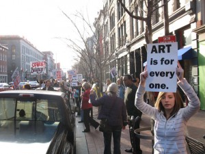 Members of the Louisville arts community protest the actions of Fund for the Arts CEO Allan Cowen, Louisville, Kentucky, March 11, 2011. Courtesy of Travis K. Kircher / WDRB 41 News