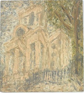 Leon Kossoff, Christchurch, Spitalfields, 1999-2000. Oil on board, 56 x 51-1/8 inches. Courtesy of Mitchell-Innes & Nash