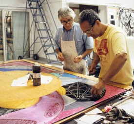 Frank Stella, right, and Kenneth Tyler at work on a print. Courtesy of Kenneth Tyler