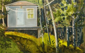 Lois Dodd, Elliott's Place, 1993. Oil on panel, 11-3/4 x 19 inches. Courtesy of Caldbeck Gallery