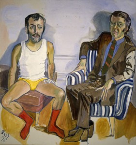 Alice Neel, David Bourdon and Gregory Battcock, 1970. Oil on canvas, 60 x 56 inches. Courtesy of David Zwirner
