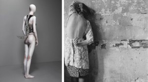 Shaun Leane for Alexander McQueen, “Spine” Corset, aluminum and leather, from the Untitled collection, 1998. Courtesy of Alexander McQueen, and right, Francesca Woodman, Untitled, New York, 1979-1980. Gelatin silver print, 5-3/4 x 5-3/4 inches. Courtesy of George and Betty Woodman