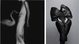 Francesca Woodman, Untitled, New York, 1979-1980. Gelatin silver print, 5 x 5 inches. Courtesy of George and Betty Woodman , and right, Alexander McQueen, ensemble from the Horn of Plenty collection, 2009-2010. Courtesy of Alexander McQueen