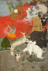 Vishnu Saving the Elephant (Gajendra Moksha). India, mid-18th century. Opaque watercolor and gold on paper, 8 1/16 x 5 9/16 in. (20.5 x 14.1 cm). Collection of Kenneth and Joyce Robbins. Courtesy of the Brooklyn Museum.