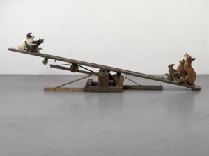 Jake & Dinos Chapman, Fucking with Nature, 2009. Taxidermy dog, cat, rat, fox, hare, rabbit and mice, wood, mild steel, electric motor, speaker and sound, 154 x 34 inches, approx. Courtesy of Haunch of Venison