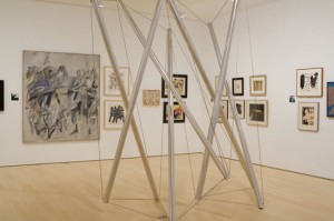 Installation shot of Black Mountain College and Its Legacy exhibition, Loretta Howard Gallery, New York, 2011 featuring, among other works, Kenneth Snelson's Easter Monday, 1977, foreground, and Jack Tworkov's Day Break, 1963, to left