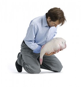 Patricia Piccinini, Eulogy, 2011. Silicon, fibreglass, human hair, clothing, 43-1/4 x 25-5/8 x 23-5/8 inches. Courtesy of Haunch of Venison