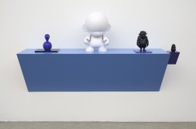 Haim Steinbach, wild things, 2011. Plastic laminated wood shelf, plastic Massimo Giacon “Mr. Cold” soap dispenser, vinyl “Mega Munny”, vinyl Bull “Where the Wild Things Are” figure, rubber dog chew, 40 1/2 x 72 3/4 x 19 Inches, Courtesy Tanya Bonakdar Gallery
