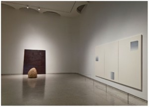 Installation view of Lee Ufan: Marking Infinity, Solomon R. Guggenheim Museum, June 24–September 28, 2011 Photo: David Heald © Solomon R. Guggenheim Foundation, showing (left) Relatum—silence b, 2008, courtesy The Pace Gallery, New York, and Blum & Poe, Los Angeles, and (right) Dialogue, 2007, Ovitz Family Collection, Los Angeles