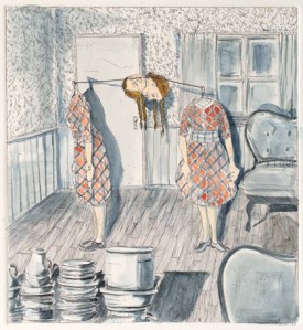 Amy Cutler, Tethered, 2011. Hand-colored working proof sheet, 25 3/16 x 17 3/16 Inches, Courtesy Leslie Tonkonow Artworks + Projects