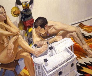 Philip Pearlstein, Mickey Mouse, white House as Bird House, Male and Female Models, 2005. Oil on canvas, 60 x 72 inches. Courtesy of Valerie Carberry Gallery