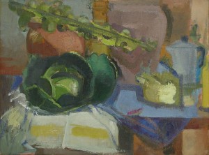 Ruth Miller, Cabbage, Two Jugs, Brussels Sprouts, 2011. Oil on linen, 18 x 24 inches. Courtesy of Lohin Geduld Gallery