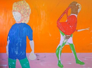Nicola Tyson, Two Figures on Orange, 2011. Oil on canvas, 95 x 72 inches. Courtesy of Friedrich Petzel Gallery