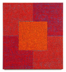 Louise P. Sloane, Red Red Orange Square, 2010. Acrylic Polymers, Paint and Gouache on Aluminum Panel, 50 x 46 inches. Courtesy of Sideshow