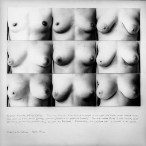 Martha Wilson, Breast Forms Permutated, 1972. Black-and-white photograph and text, 16 3/8 x 14 inches.