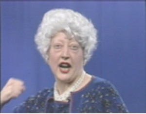 Martha Wilson (with sound by Ron Littke), Martha Wilson as Barbara Bush, March 11, 1991. Color video with sound 7 mins., 23 secs. Courtesy of Martha Wilson