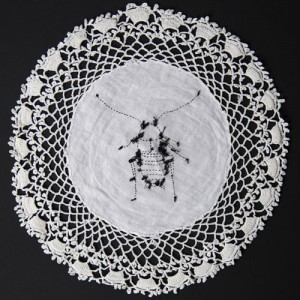 Lynne Yamamoto, Loboptera dimidiatipes, 2009-11. Hand embroidery on found doily, 10 inches in diameter. Courtesy of P.P.O.W.