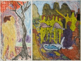 Bob Thompson, Study for Expulsion and Nativity, 1966. oil pastel and ink on paper, 9 x 12 inches. Courtesy of Steven Harvey Fine Art Projects