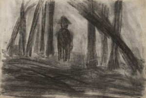 Bob Thompson, Untitled (Man in Forest), ca. 1958, charcoal on paper, 12 x 18 inches. Courtesy of Steven Harvey Fine Art Projects
