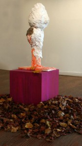 Elisa Soliven, Untitled Portrait, 2011. Plaster, burlap, rice, wood, acrylic & leaves, 58 x 18 x 18 inches. Courtesy of Janet Kurnatowski