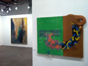 Works by Fabian Marcaccio (1991, Courtesy BravinLee programs) and Frank Bowling (1982, Hales Gallery) on view at Seven, Miami, Florida, 2011. Photo: artcritical