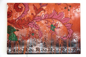 Rupert Goldsworthy, Orange dripping flowers, 2011.acrylic and Flasche on wood, 23 x 36 inches. Courtesy of Rupert Goldsworthy