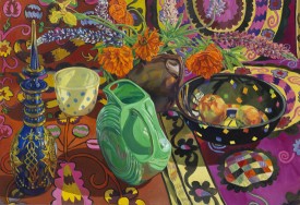 Janet Fish, Blue Decanter, Polka-Dot Bowl, Suzani, 2009. Oil on canvas, 48 x 70 inches. Courtesy of DC Moore Gallery
