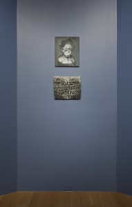 Installation view of Rudolf Stingel's Untitled (2011) and Jeni Spota's Giotto’s Dream, Grisaille (with Brunaille) Version (2011)