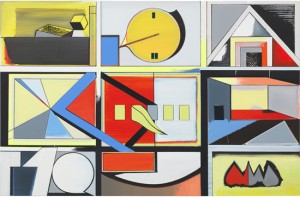 Thomas Scheibitz, A Panoramic VIEW of Basic Events, 2011. Oil, vinyl, lacquer, pigment marker and spray paint on canvas, 74-3/4 x 114-1/8 inches. Courtesy of Tanya Bonakdar Gallery