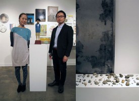 Tomoko Ashikawa and Shin Yamauchi in their gallery, and (right) a Zen garden greeting visitors to the fair. Photo: Robin Siegel, for artcritical