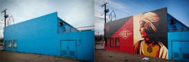 Before and after: Shephard Fairey, Obey, 2012. Mural, Dallas Contemporary building, Glass Street, Dallas, Tx. Photos: Colleen McInerney
